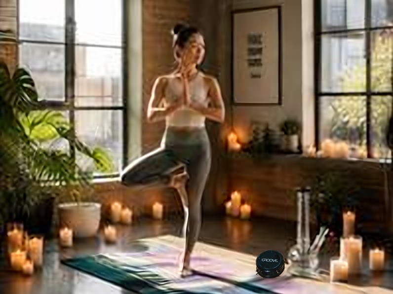 Woman holding a tree pose in a candlelit loft with a GROOVE bubble-base glass piece and a black GROOVE 4-piece grinder on the floor