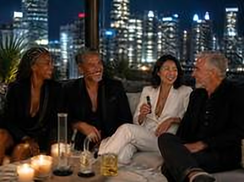Four stylish friends in their 40s and 50s in a candlelit penthouse rooftop lounge, GROOVE glass pieces and a yellow grinder on the table, one woman holding a GROOVE CARA