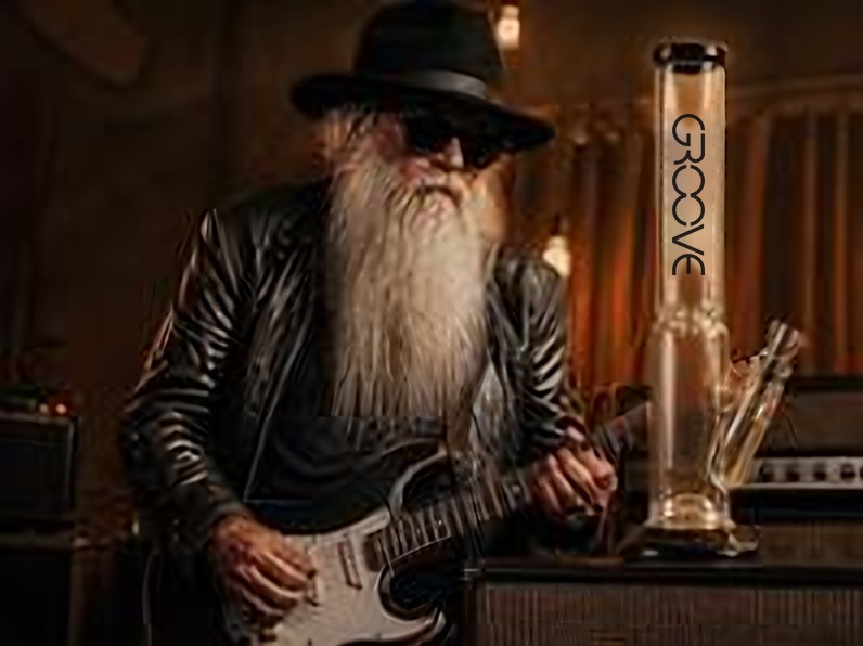 Legendary blues rock musician in his 70s with a long white beard, sunglasses and a black hat playing electric guitar, with a tall GROOVE glass tube on the amp beside him